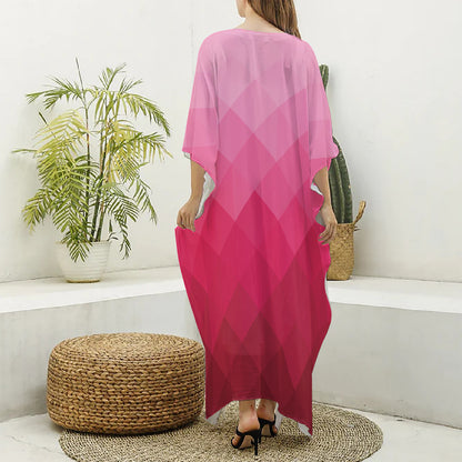 Pink Geometric Square Pattern Print Silk V-Neck Kaftan Dress