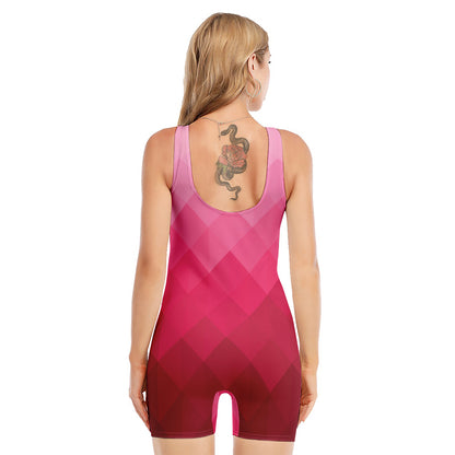 Pink Geometric Square Pattern Print Sleeveless One Piece Swimsuit