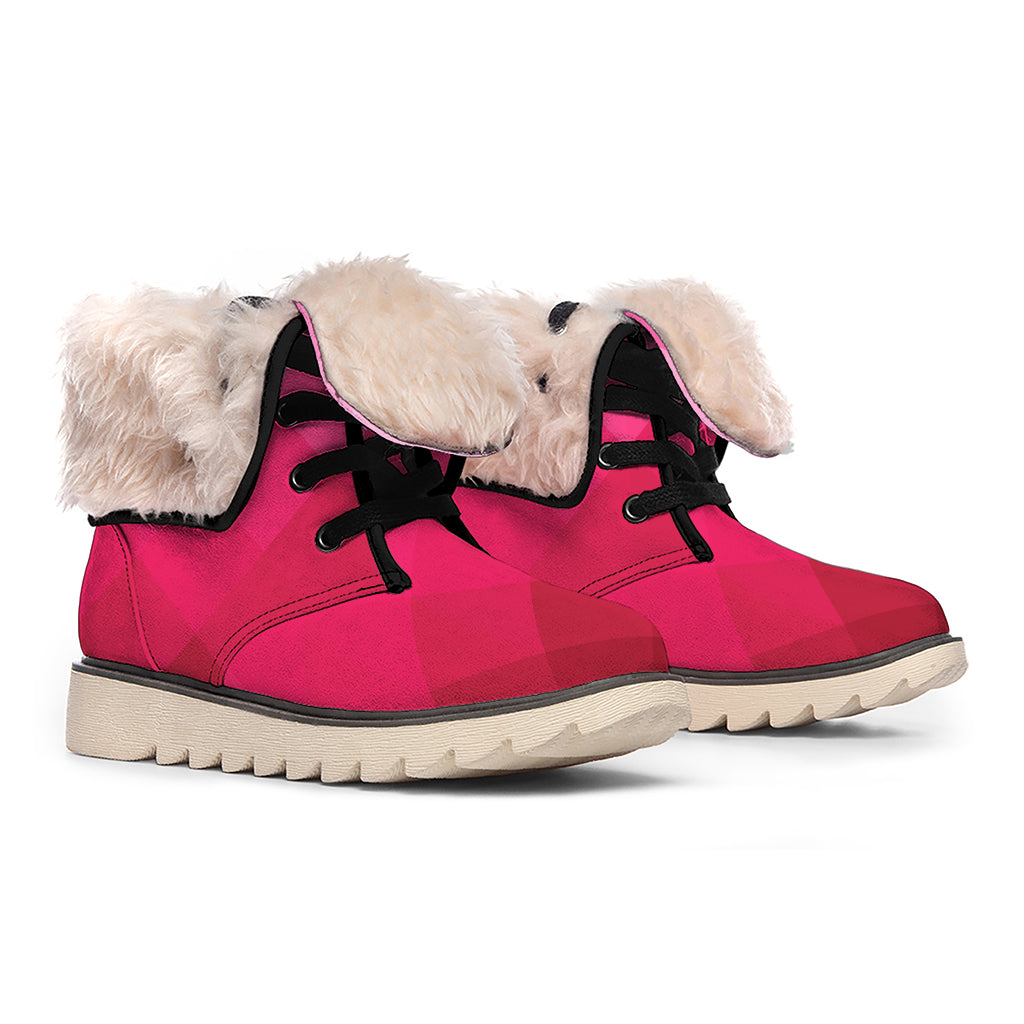 Pink Geometric Square Pattern Print Winter Boots