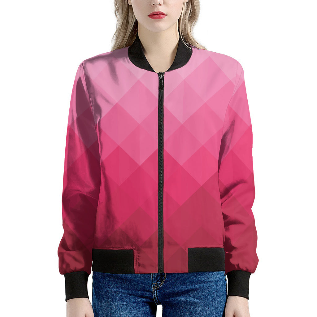 Pink Geometric Square Pattern Print Women's Bomber Jacket