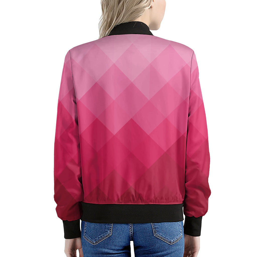 Pink Geometric Square Pattern Print Women's Bomber Jacket