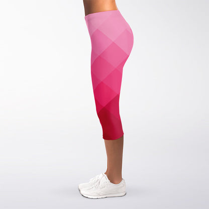 Pink Geometric Square Pattern Print Women's Capri Leggings