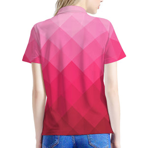 Pink Geometric Square Pattern Print Women's Polo Shirt