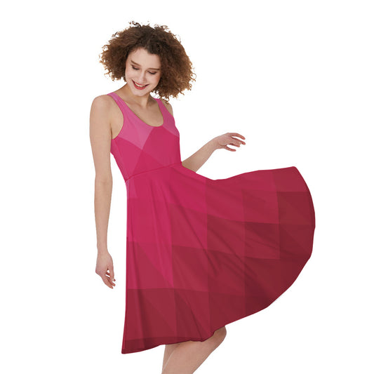 Pink Geometric Square Pattern Print Women's Sleeveless Dress