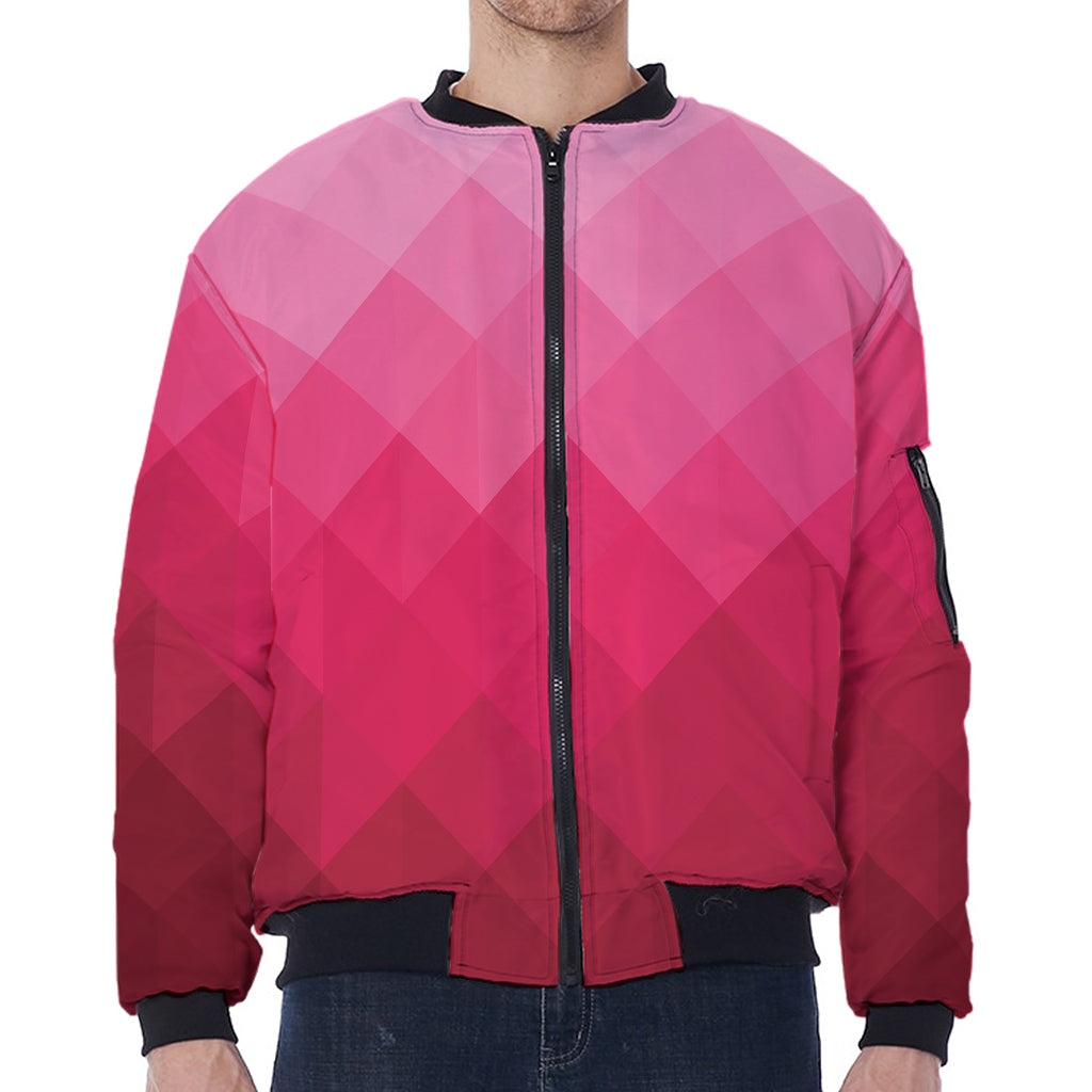 Pink Geometric Square Pattern Print Zip Sleeve Bomber Jacket