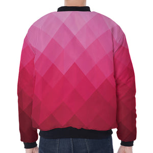 Pink Geometric Square Pattern Print Zip Sleeve Bomber Jacket