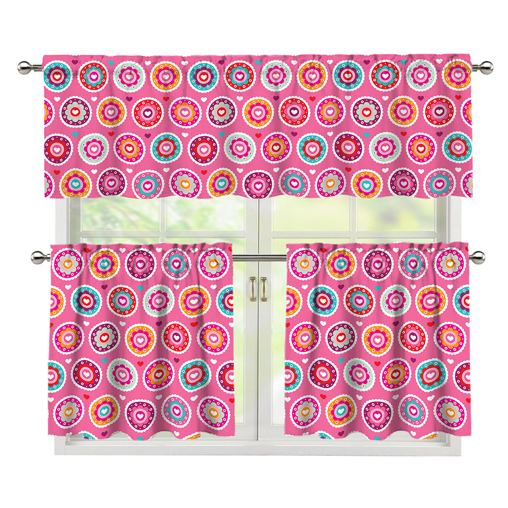 Pink Girly Flower Pattern Print 3 Piece Kitchen Curtains