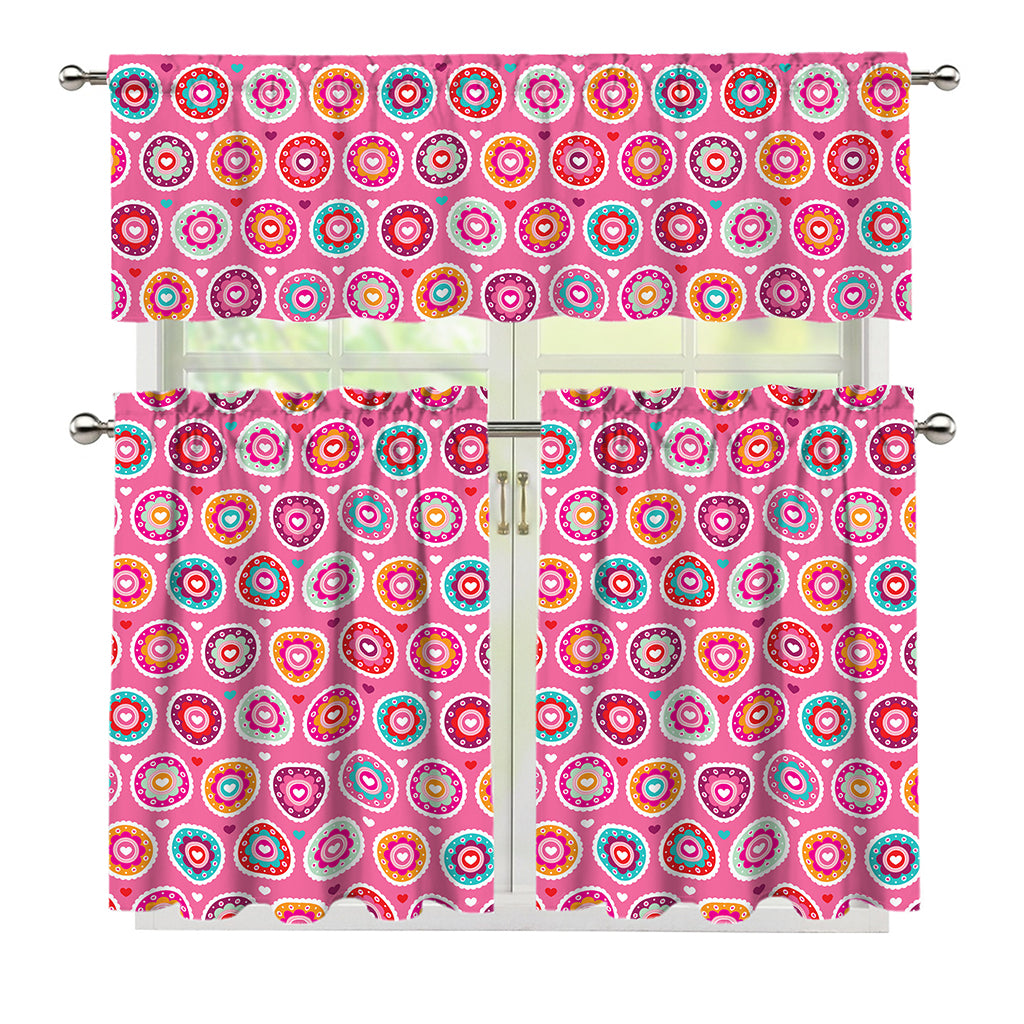 Pink Girly Flower Pattern Print 3 Piece Kitchen Curtains