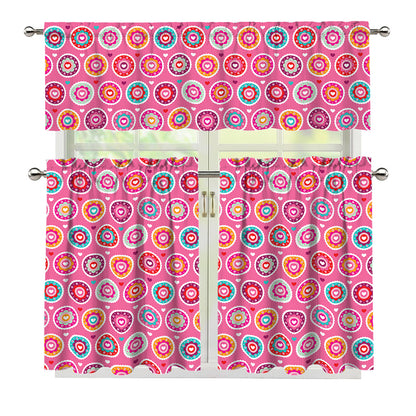 Pink Girly Flower Pattern Print 3 Piece Kitchen Curtains