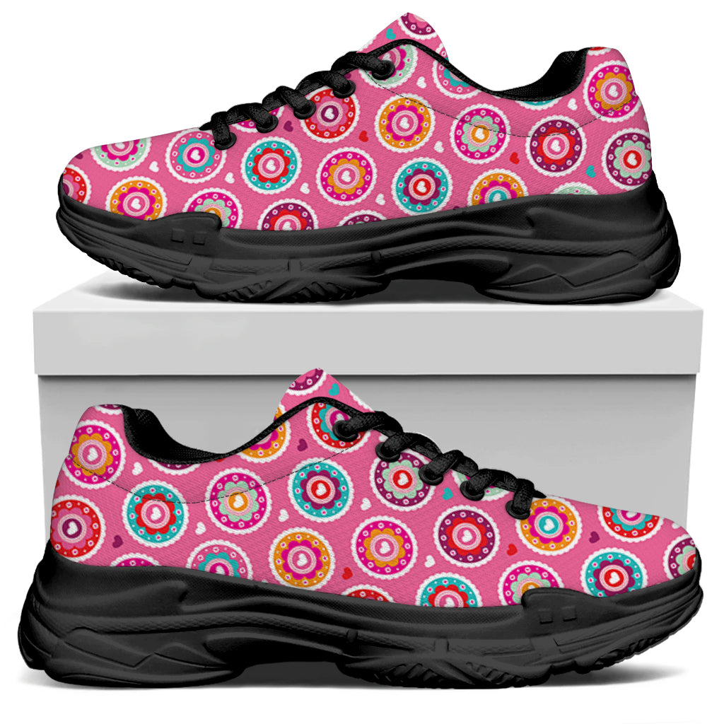 Pink Girly Flower Pattern Print Black Chunky Shoes