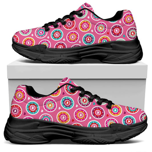 Pink Girly Flower Pattern Print Black Chunky Shoes