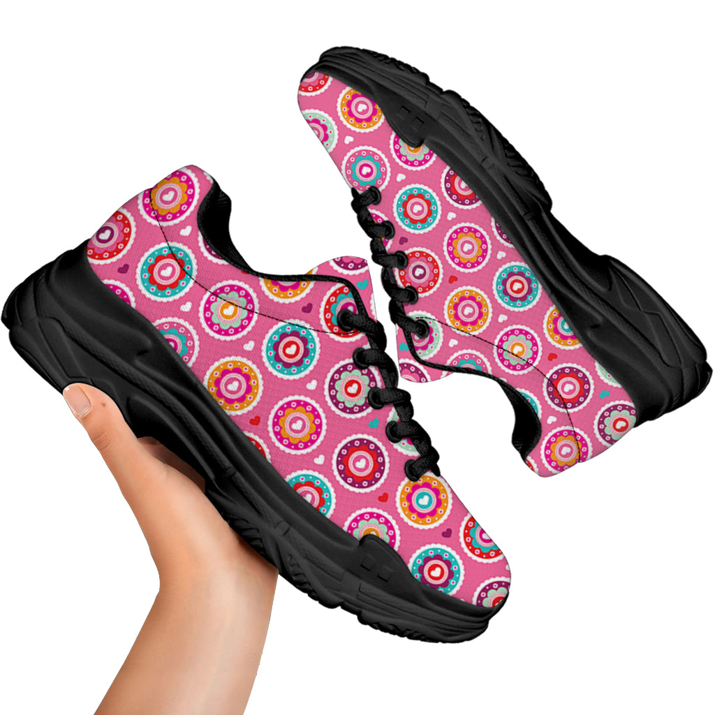 Pink Girly Flower Pattern Print Black Chunky Shoes