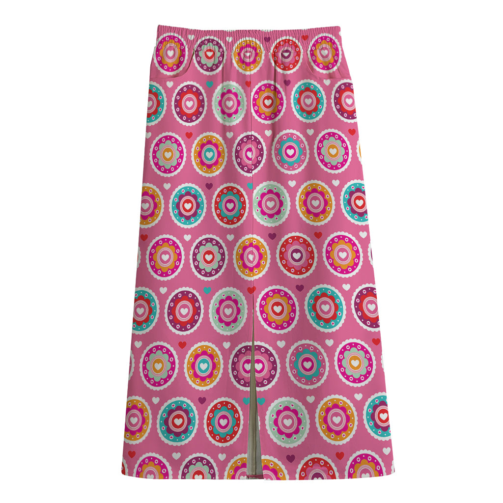 Pink Girly Flower Pattern Print Cotton Front Slit Maxi Skirt