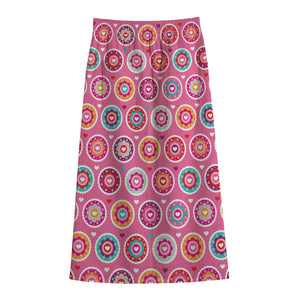 Pink Girly Flower Pattern Print Cotton Front Slit Maxi Skirt