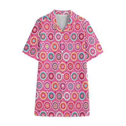 Pink Girly Flower Pattern Print Cotton Hawaiian Shirt