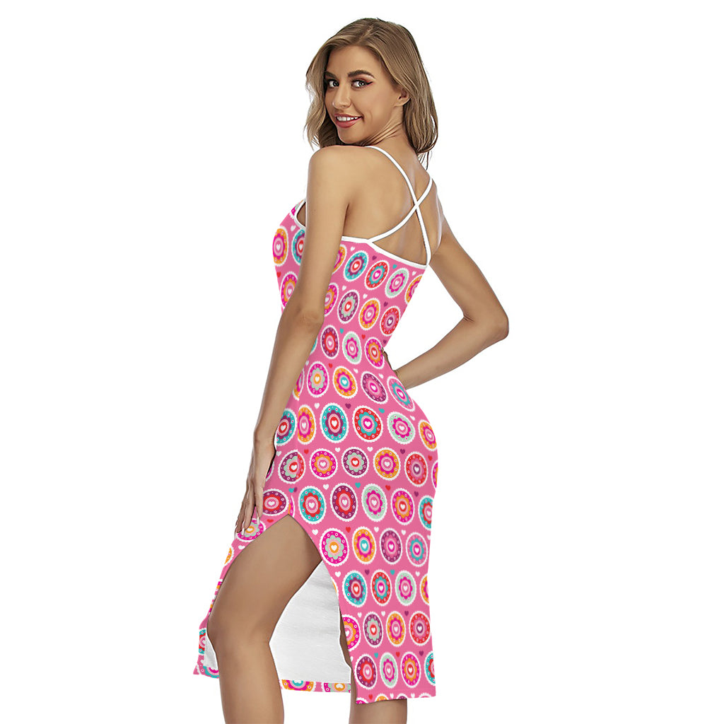 Pink Girly Flower Pattern Print Cross Back Cami Dress