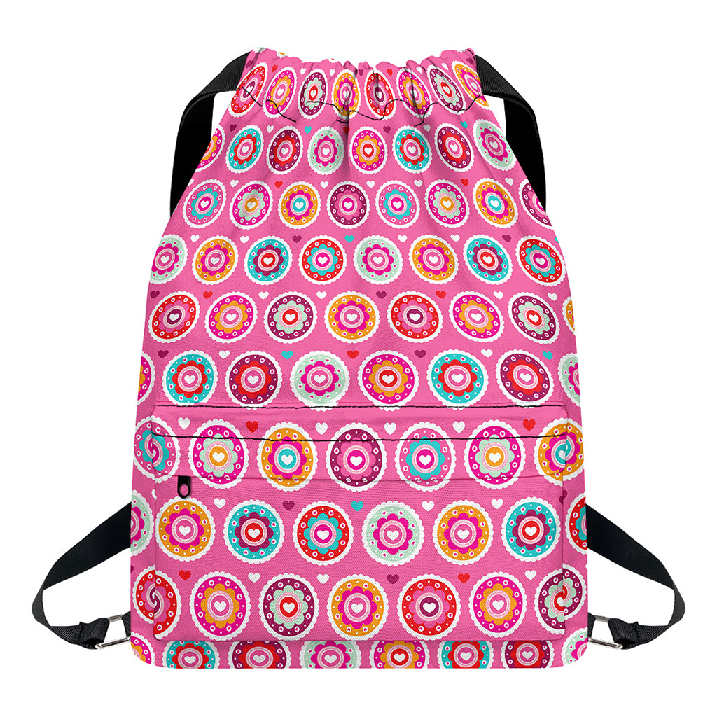 Pink Girly Flower Pattern Print Drawstring Backpack