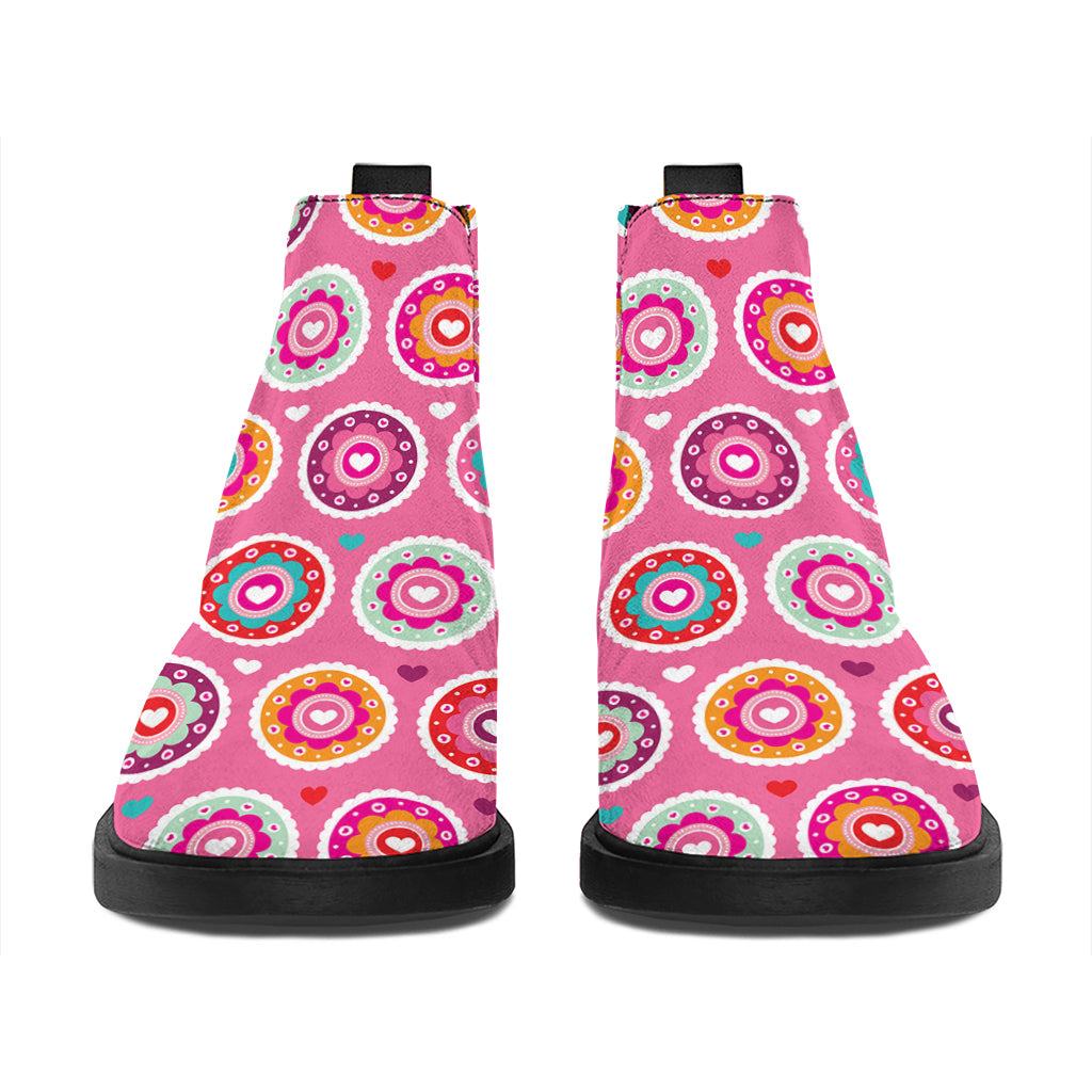 Pink Girly Flower Pattern Print Flat Ankle Boots