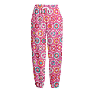 Pink Girly Flower Pattern Print Fleece Lined Knit Pants