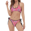 Pink Girly Flower Pattern Print Halter Scoop Tie Side Bikini