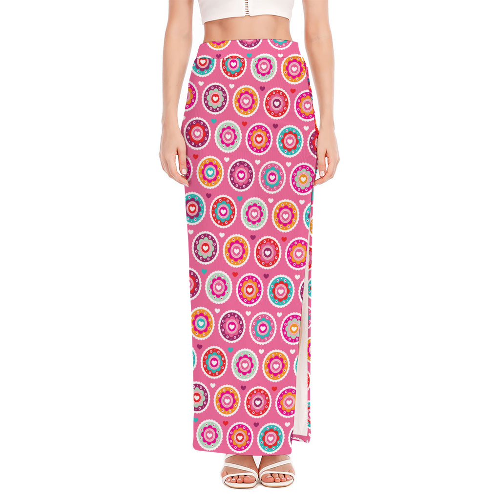 Pink Girly Flower Pattern Print High Slit Maxi Skirt