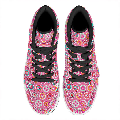 Pink Girly Flower Pattern Print High Top Leather Sneakers