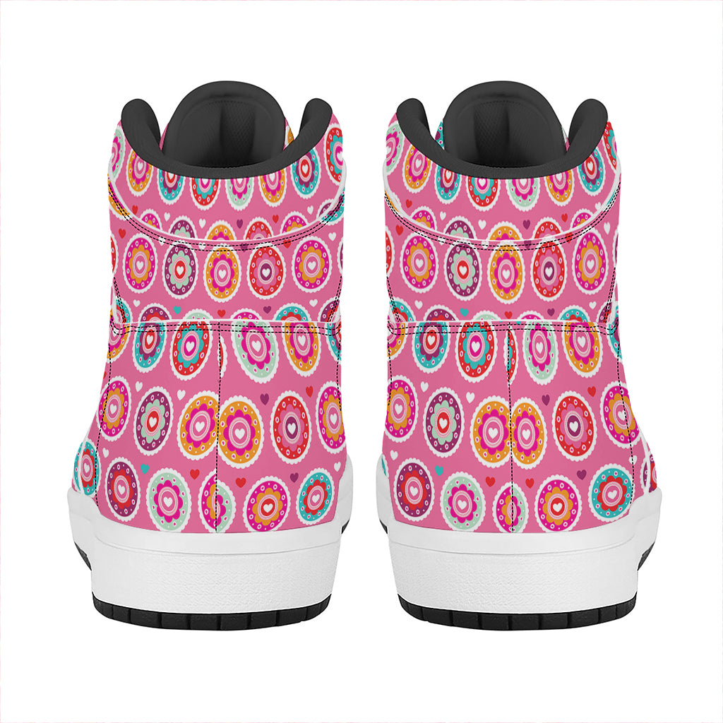 Pink Girly Flower Pattern Print High Top Leather Sneakers
