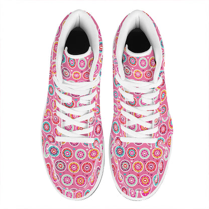 Pink Girly Flower Pattern Print High Top Leather Sneakers