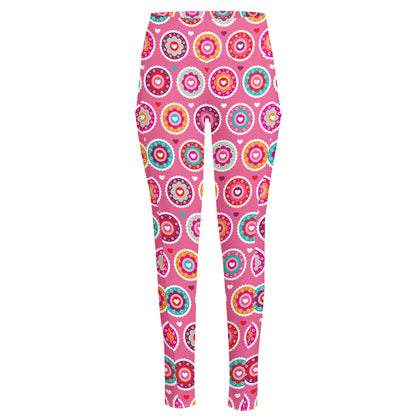 Pink Girly Flower Pattern Print High-Waisted Pocket Leggings