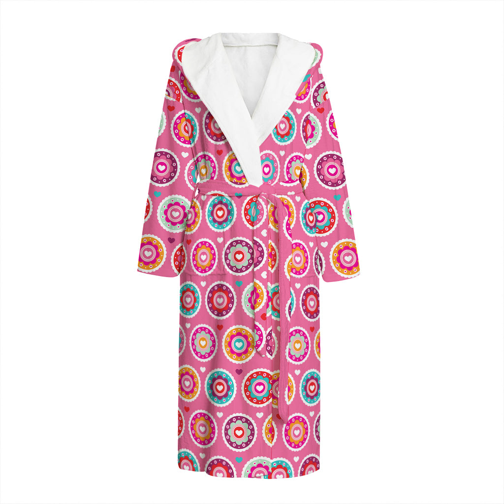 Pink Girly Flower Pattern Print Hooded Bathrobe