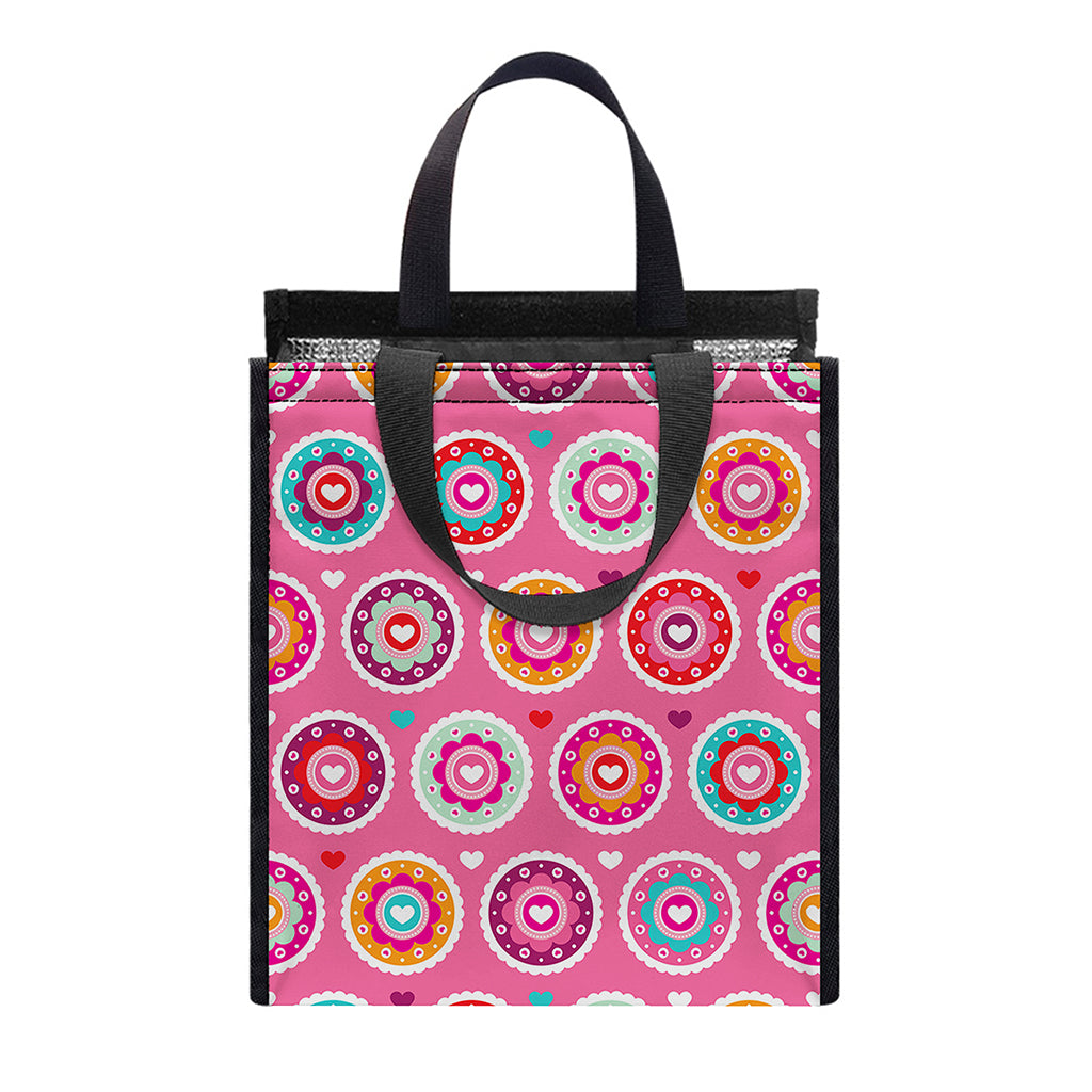 Pink Girly Flower Pattern Print Insulated Lunch Tote