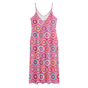 Pink Girly Flower Pattern Print Jersey Midi Cami Dress