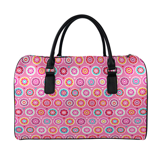 Pink Girly Flower Pattern Print Leather Duffle Bag