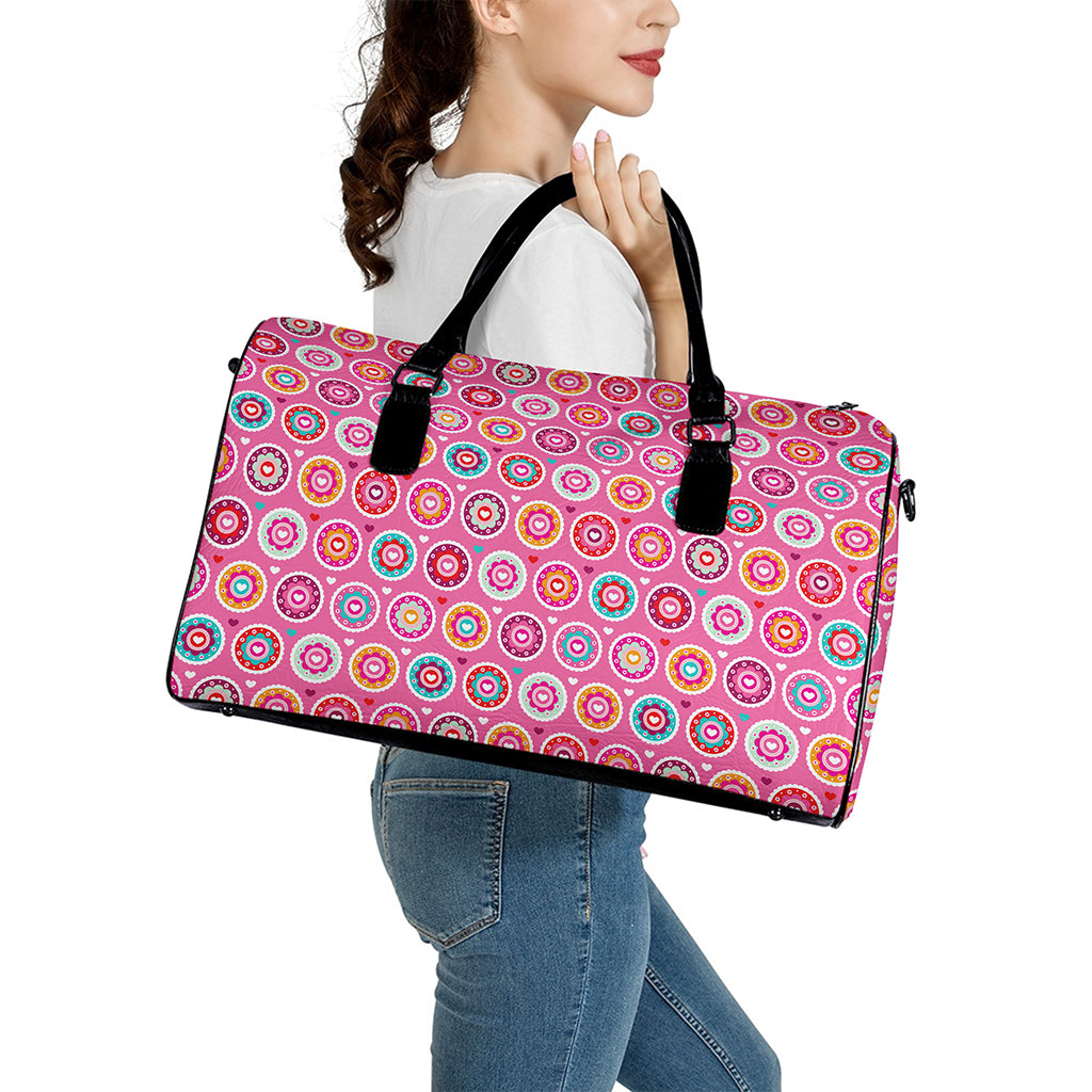 Pink Girly Flower Pattern Print Leather Duffle Bag