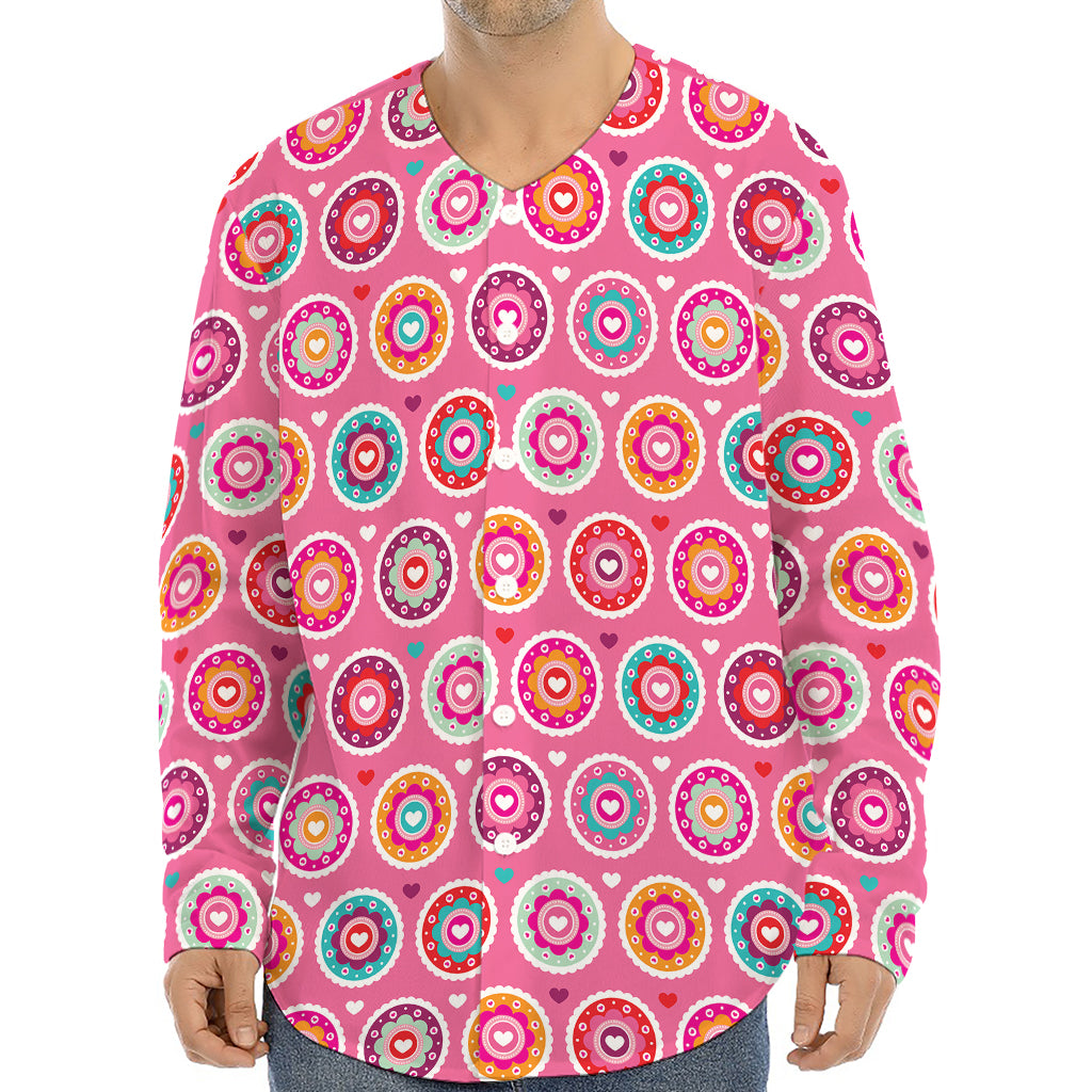 Pink Girly Flower Pattern Print Long Sleeve Baseball Jersey