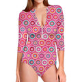 Pink Girly Flower Pattern Print Long Sleeve Swimsuit