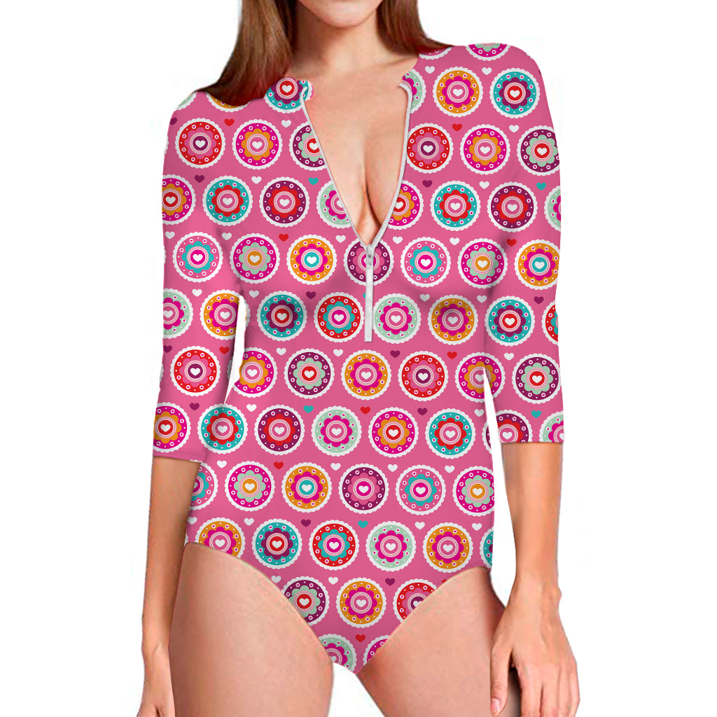 Pink Girly Flower Pattern Print Long Sleeve Swimsuit