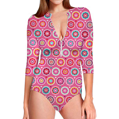 Pink Girly Flower Pattern Print Long Sleeve Swimsuit