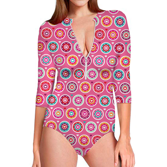Pink Girly Flower Pattern Print Long Sleeve Swimsuit