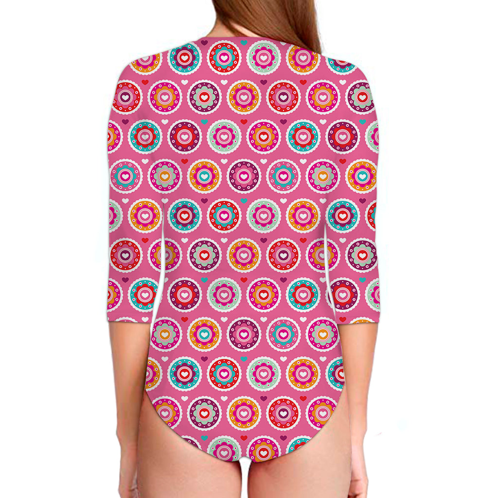 Pink Girly Flower Pattern Print Long Sleeve Swimsuit