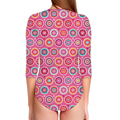 Pink Girly Flower Pattern Print Long Sleeve Swimsuit