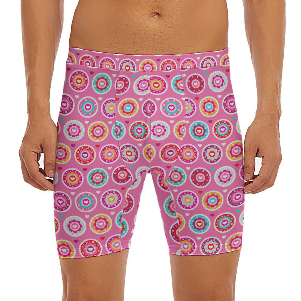 Pink Girly Flower Pattern Print Men's Long Boxer Briefs