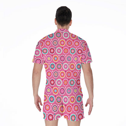 Pink Girly Flower Pattern Print Men's Rompers