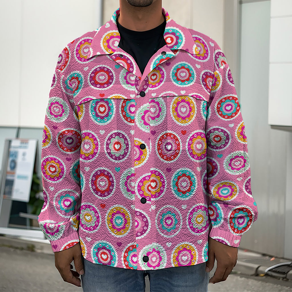 Pink Girly Flower Pattern Print Men's Shirt Jacket