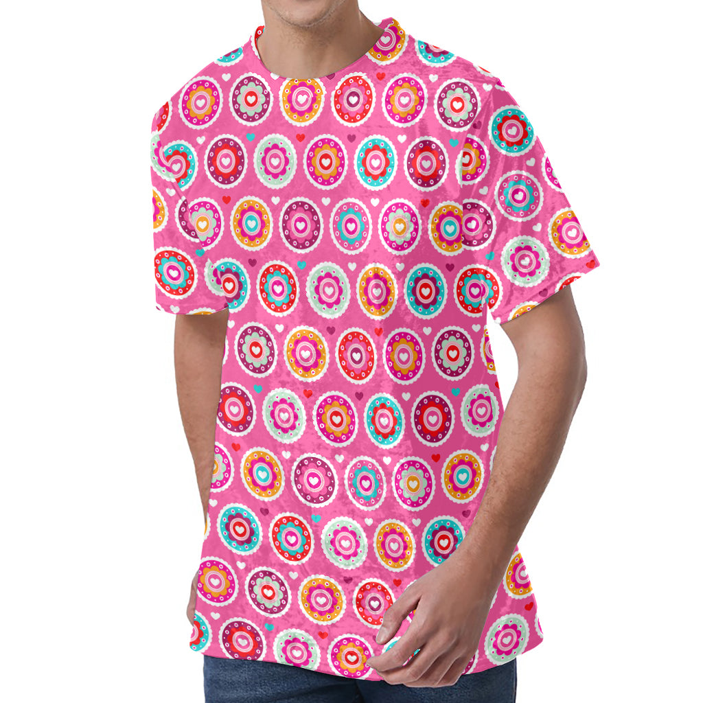 Pink Girly Flower Pattern Print Men's Velvet T-Shirt