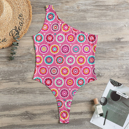 Pink Girly Flower Pattern Print One Shoulder Bodysuit