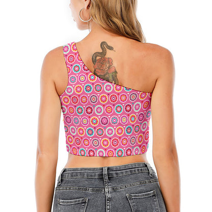Pink Girly Flower Pattern Print One Shoulder Crop Top