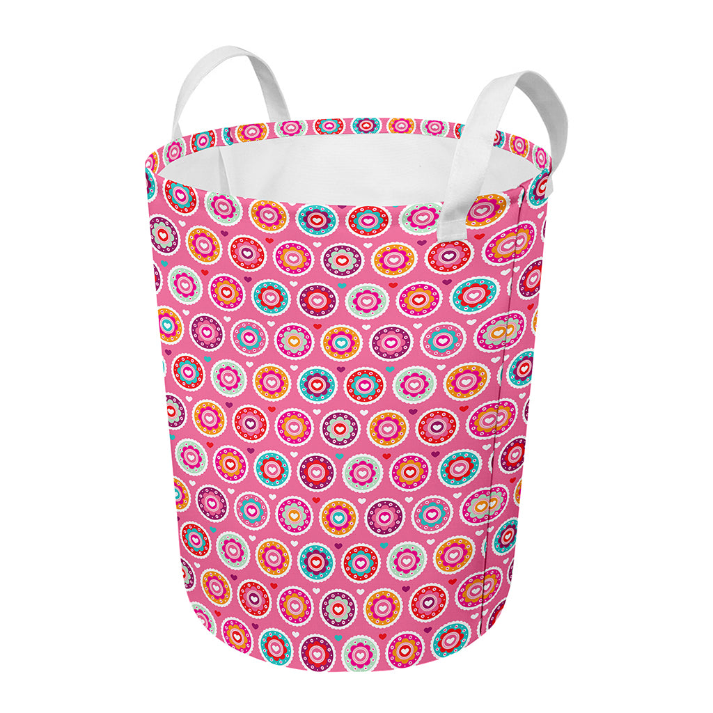 Pink Girly Flower Pattern Print Round Laundry Basket