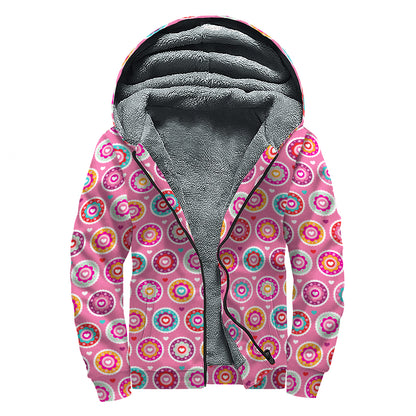 Pink Girly Flower Pattern Print Sherpa Lined Zip Up Hoodie
