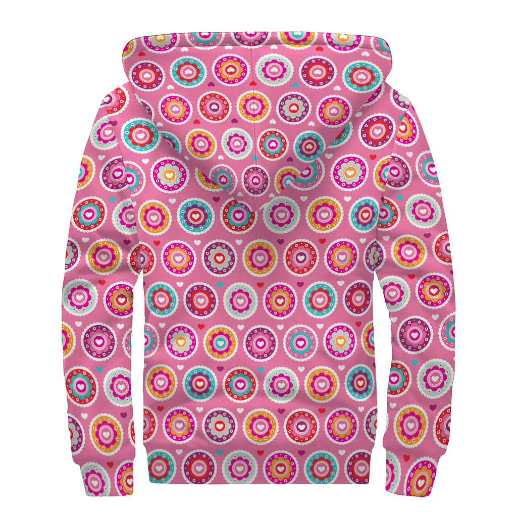 Pink Girly Flower Pattern Print Sherpa Lined Zip Up Hoodie
